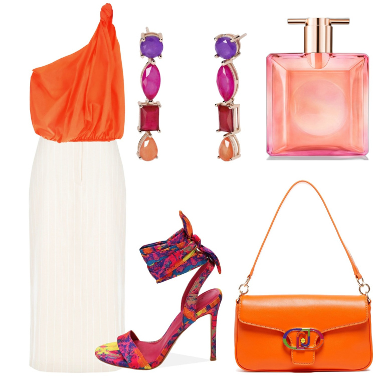 Outfit donna - Arancione!. Stile Glamour per Serata fuori. Abbinamento con profumi, orecchini, gonne lunghe, top, sandali col tacco, borse a tracolla.