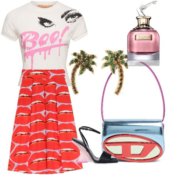 Outfit donna - stravagante. Stile Glamour per Tutti i giorni. Abbinamento con profumi, gonne longuette, t-shirt, orecchini, borse a spalla, sandali col tacco.