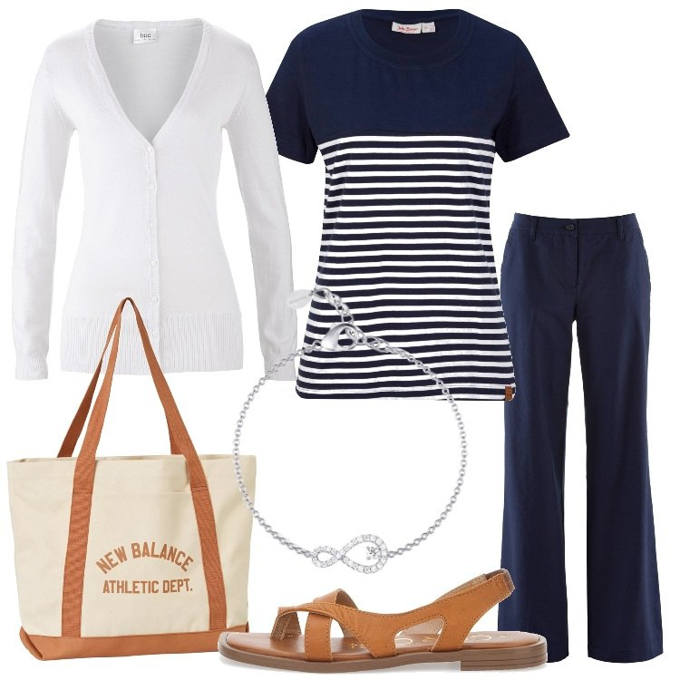 Outfit donna - Gli essentials Curvy Style. Stile Basic per Tutti i giorni. Abbinamento con pantaloni, t-shirt, cardigans, braccialetti, borse tote, sandali in pelle.