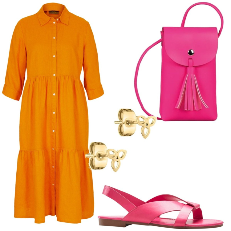 Outfit femme - La robe chemise. Style Basique pour Tous les jours. Assortir avec robes chemisier, sandales, sacs en bandoulière, boucles d'oreilles.