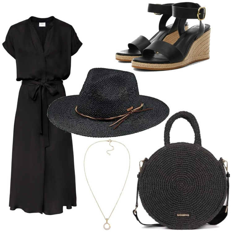 Outfit femme - Élégante zn noir. Style Tendance pour Tous les jours. Assortir avec robes chemisier, chaussures à semelle compensée, sacs à main, chapeaux, colliers.