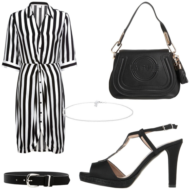 Outfit femme - Ciné chic Beetlejuice. Style Casual chic pour Soirée dehors. Assortir avec robes chemisier, ceintures, sandales à talon, sacs à main, colliers.