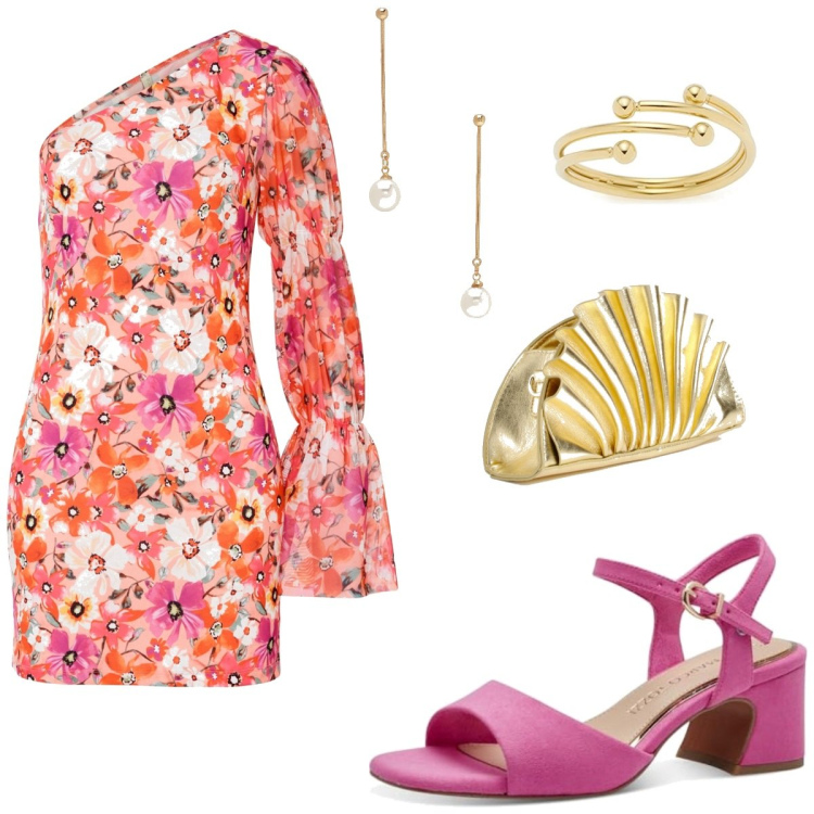 Outfit femme - Mariage fleurs. Style Tendance pour Cérémonie. Assortir avec robes, boucles d'oreilles, bagues, sandales à talon, pochette.