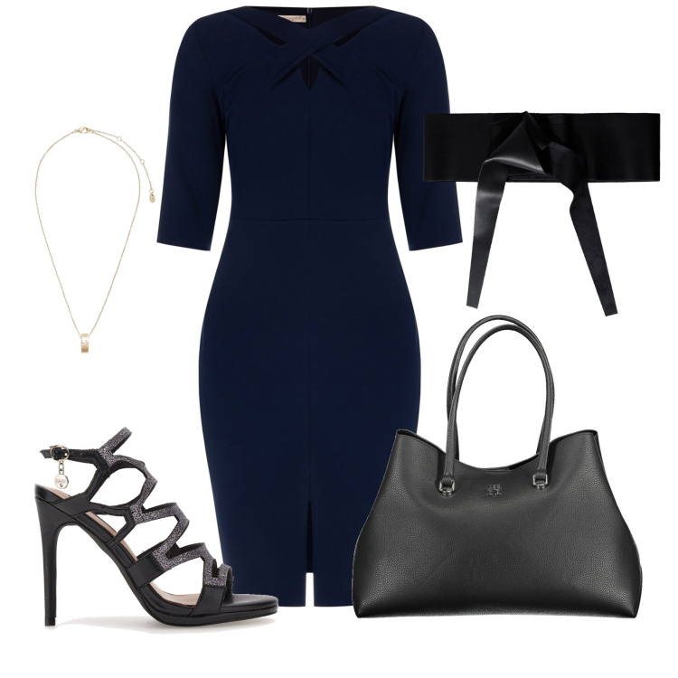 Outfit donna - Un gioiello sul total black. Stile Chic per Serata fuori. Abbinamento con cinture, collane, vestiti a tubino, borse a spalla, sandali col tacco.