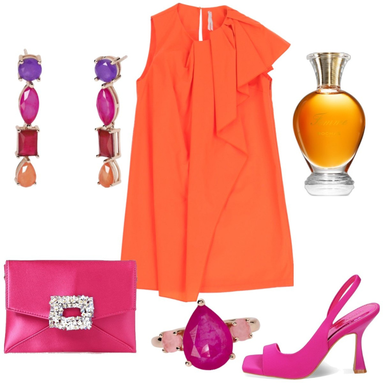 Outfit donna - Total look #1886680. Stile Chic per Cerimonia. Abbinamento con profumi, anelli, orecchini, vestiti corti, sandali col tacco, borse a mano.