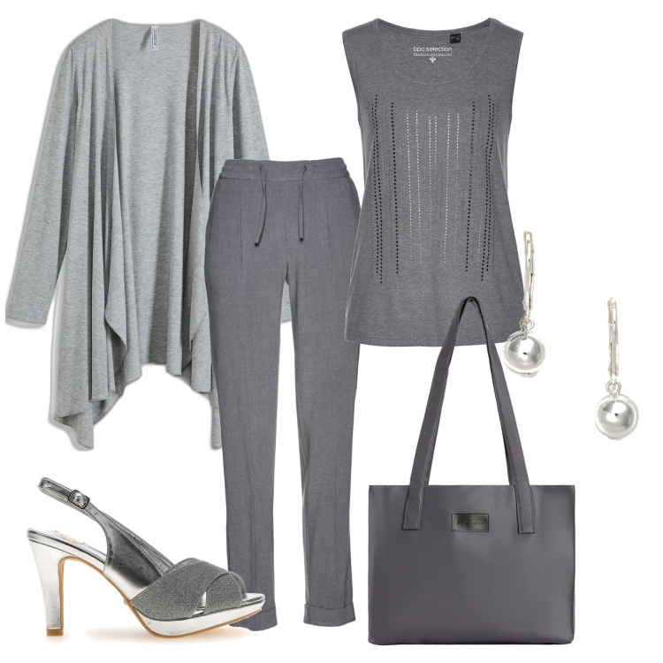 Outfit donna - Invitata a un compleanno. Stile Casual chic per Serata fuori. Abbinamento con pantaloni, top, cardigans, shopping bag, orecchini, sandali col tacco.