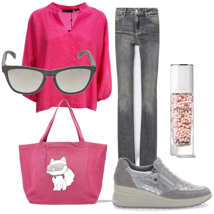 Outfit donna - Total look #1886695. Stile Trendy per Tutti i giorni. Abbinamento con primer, bluse, sneakers, borse tote, jeans, occhiali da sole.
