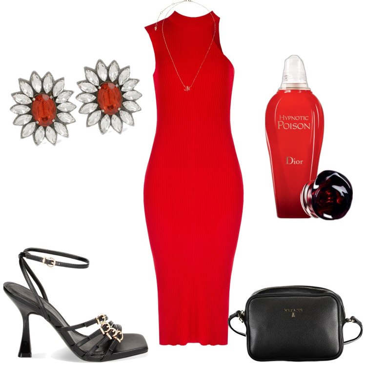 Outfit donna - Total look #1886705. Stile Sexy per Serata fuori. Abbinamento con profumi, vestiti asimmetrici, sandali col tacco, ciondoli, orecchini, borse a tracolla.