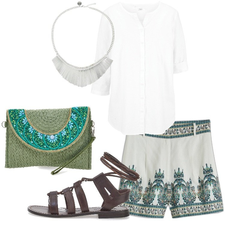 Outfit donna - La camicia in lino bianca. Stile Etnico per Tutti i giorni. Abbinamento con camicie, shorts, collane, borse a tracolla, sandali in pelle.