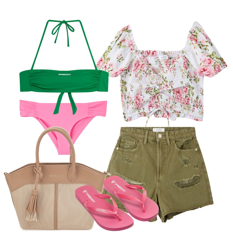Outfit donna - Mare. Stile Romantica per Tutti i giorni. Abbinamento con shorts, bluse, bikini, infradito, bikini, borse a mano.