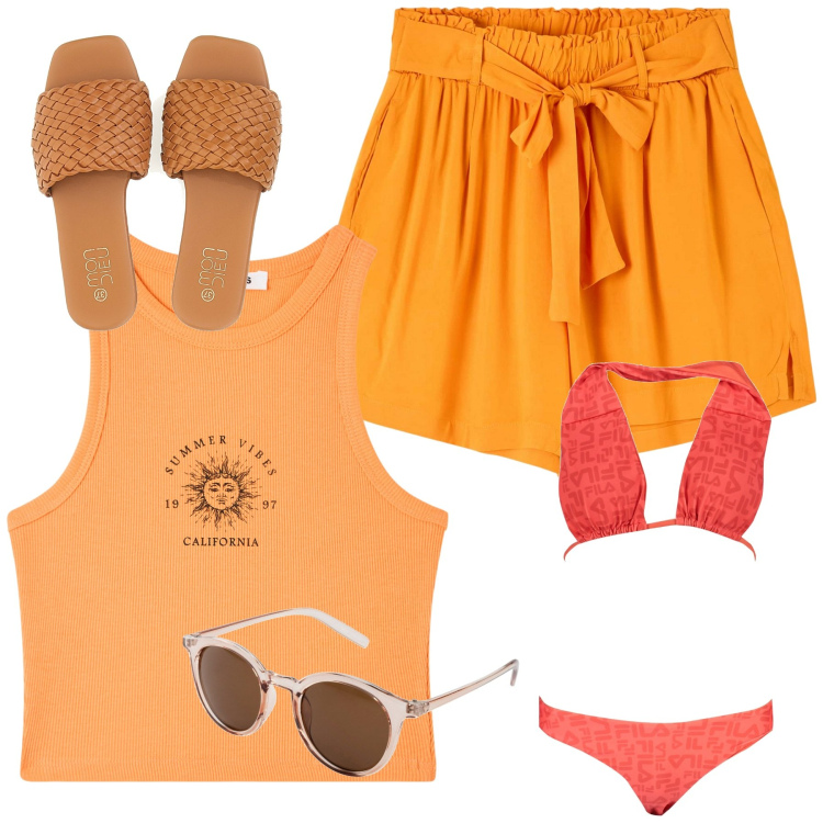 Outfit donna - Total look #1886717. Abbinamento con occhiali da sole, shorts, canottiere, ciabatte, bikini.