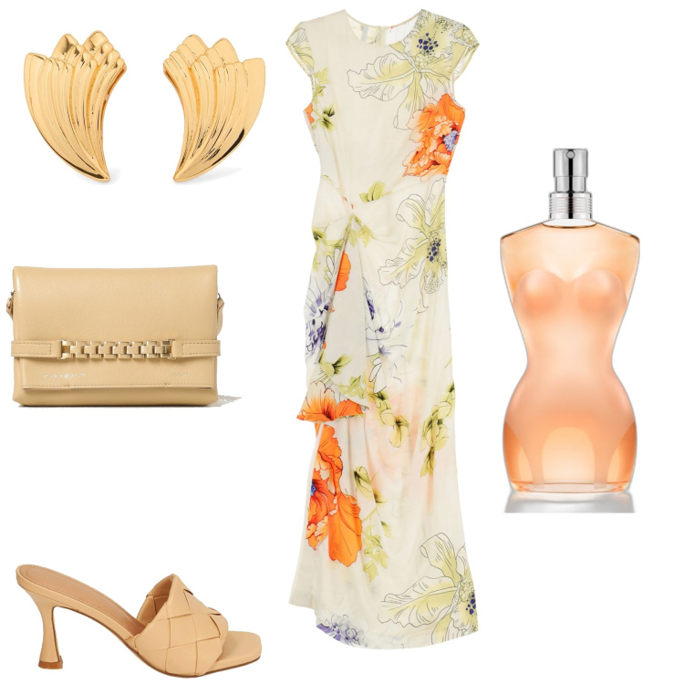 Outfit donna - Total look #1886727. Stile Chic per Cerimonia. Abbinamento con profumi, vestiti lunghi, pantofole, clutch, orecchini.
