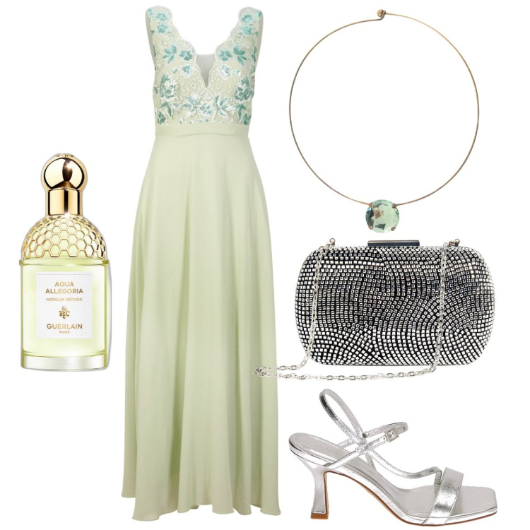 Outfit donna - Cerimonia a giugno. Stile Chic per Cerimonia. Abbinamento con vestiti, clutch, profumi, ciondoli, sandali col tacco.