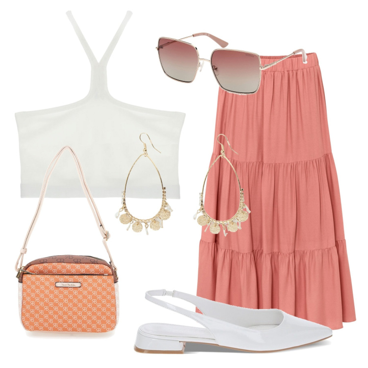 Outfit donna - Total look #1886741. Abbinamento con gonne longuette, top, ballerine, orecchini, borse a tracolla, occhiali da sole.