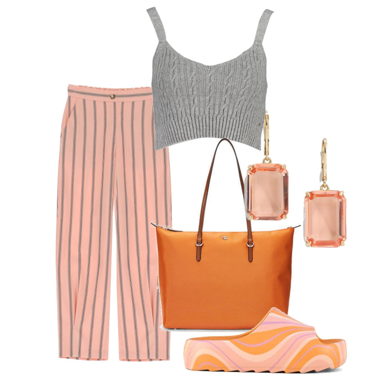 Outfit donna - Al mercatino. Stile Bon Ton per Tutti i giorni. Abbinamento con pantaloni, borse tote, orecchini, ciabatte, top.