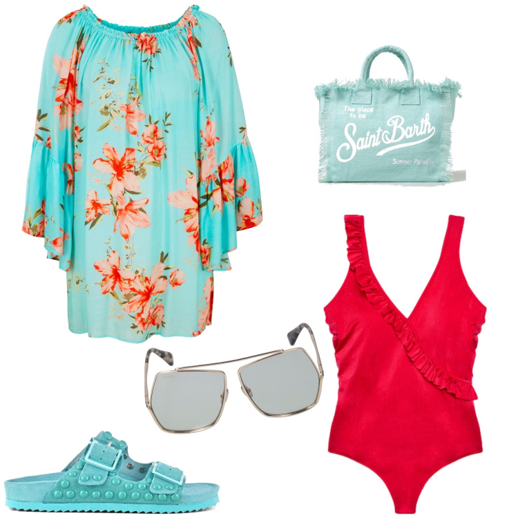 Outfit donna - Total look #1886751. Stile Glamour per Mare. Abbinamento con vestiti da spiaggia, costumi interi, borse tote, sandali, occhiali da sole.