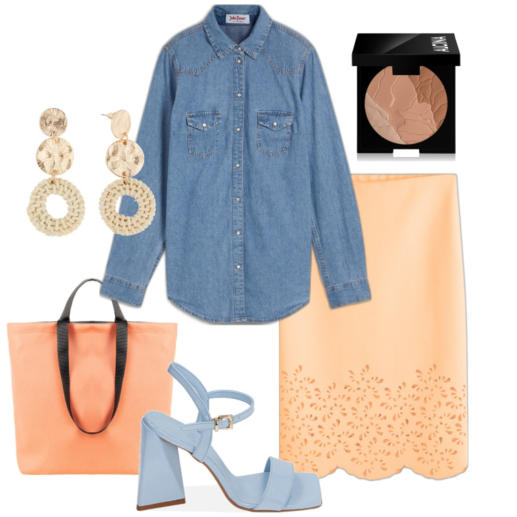 Outfit donna - Trafori e denim. Stile Trendy per Ufficio. Abbinamento con camicie, orecchini, gonne, terre, borse tote, sandali col tacco.