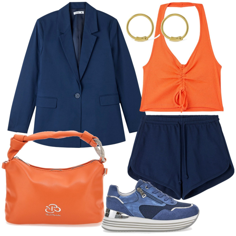 Outfit donna - Arancio e blu. Stile Bon Ton per Tutti i giorni. look ideale per Petite. Abbinamento con shorts, blazer, top, sneakers, orecchini, borse a mano.
