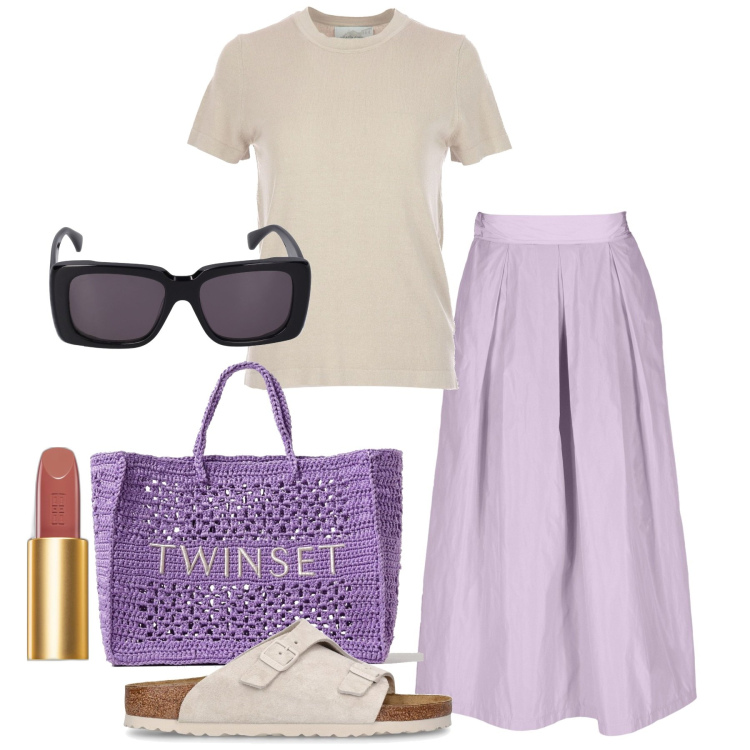 Outfit donna - Mattina. Stile Bon Ton per Tutti i giorni. Abbinamento con rossetti, borse tote, sandali, gonne, t-shirt, occhiali da sole.