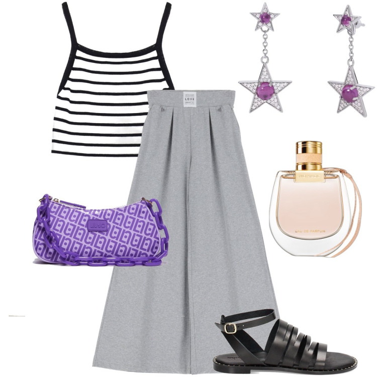 Outfit donna - Le calzature estive perfette. Stile Urban per Tutti i giorni. Abbinamento con profumi, orecchini, sandali in pelle, pantaloni a palazzo, top, borse a tracolla.