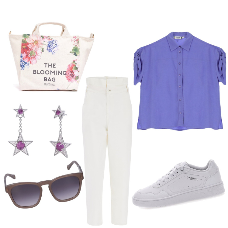 Outfit donna - Total look #1886766. Stile Casual per Ufficio. Abbinamento con orecchini, jeans, camicie a manica corta, borse tote, sneakers, occhiali da sole.
