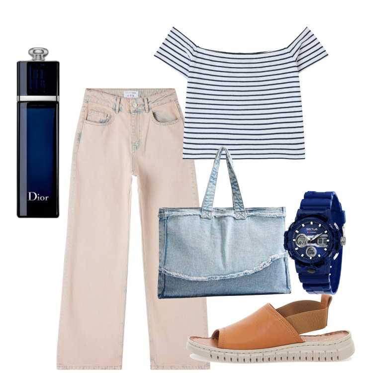 Outfit donna - Pomeriggio. Stile Casual per Tutti i giorni. Abbinamento con orologi, profumi, t-shirt, jeans, shopping bag, sandali in pelle.