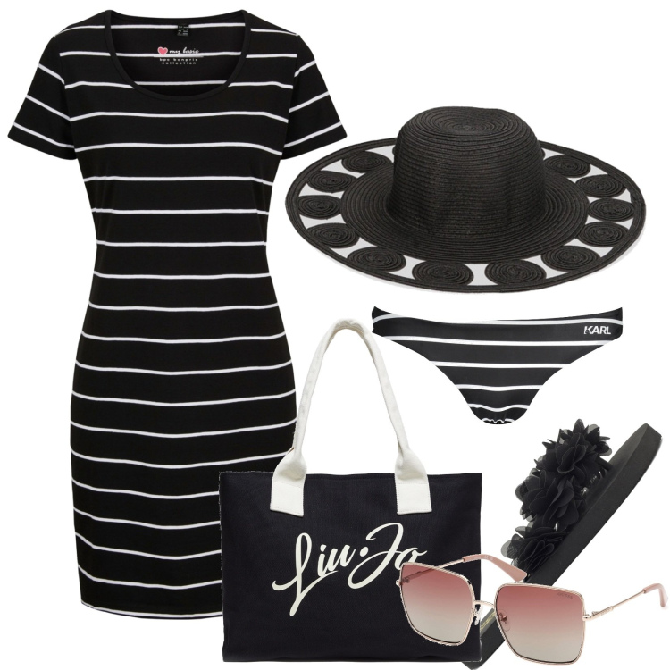 Outfit donna - Total look #1886785. Stile Casual per Mare. Abbinamento con vestiti, cappelli, costumi, infradito, occhiali da sole, shopping bag.