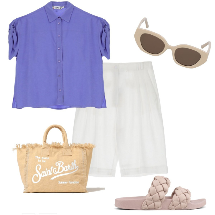 Outfit donna - La camicia in lino viola. Stile Casual chic per Mare. Abbinamento con camicie a manica corta, bermuda, ciabatte, occhiali da sole, borse a spalla.