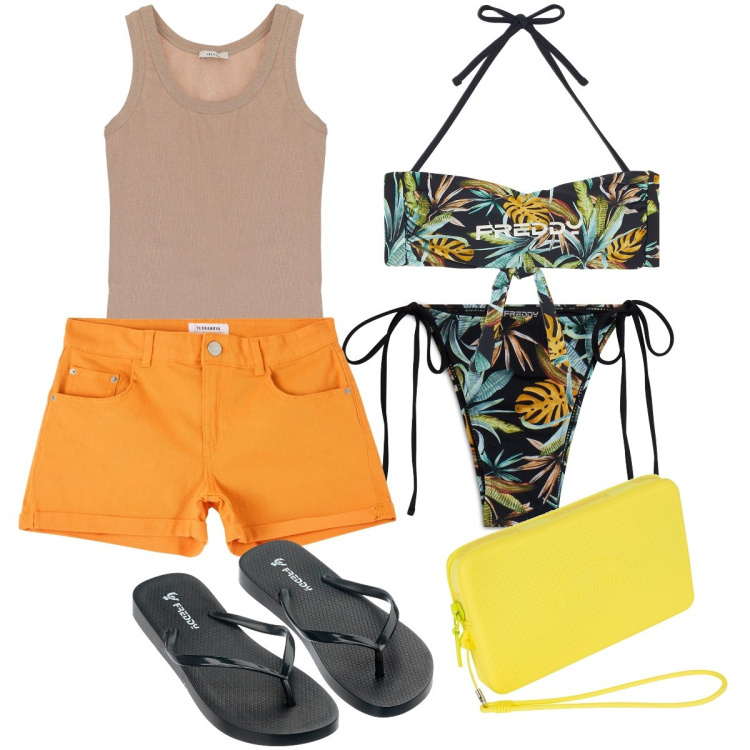Outfit donna - Gli shorts in arancione. Stile Casual per Mare. Abbinamento con shorts, bikini, infradito, bikini, top, portafogli.
