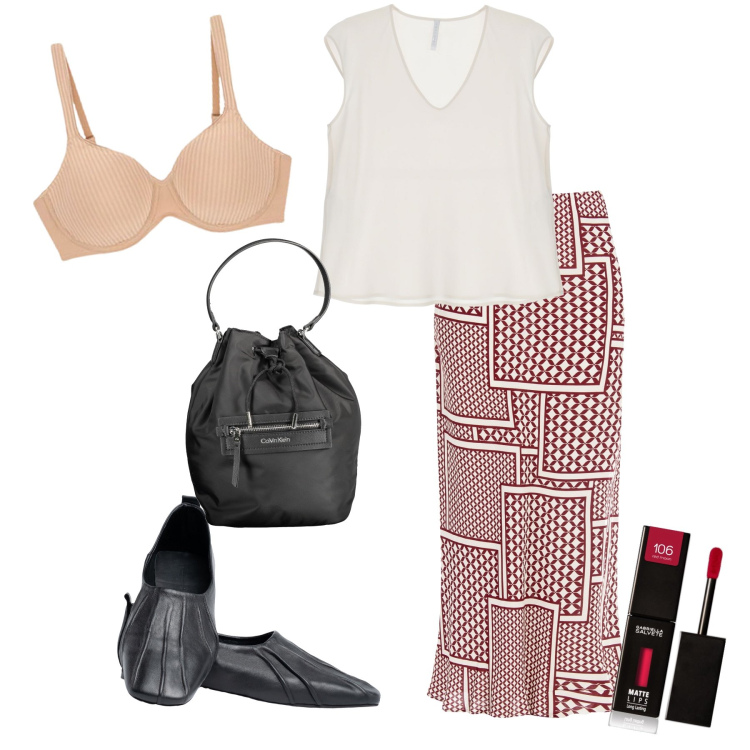 Outfit donna - Gonna originale. Stile Basic per Tutti i giorni. Abbinamento con rossetti, gonne lunghe, canottiere, reggiseni, ballerine, borse a secchiello.