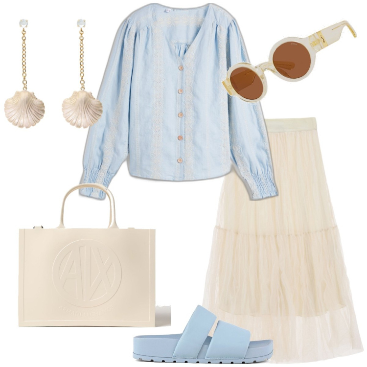 Outfit donna - Total look #1886813. Stile Boho per Tutti i giorni. Abbinamento con camicie, gonne longuette, orecchini, occhiali da sole, ciabatte, borse tote.