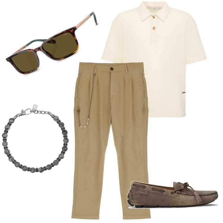 Outfit uomo - I mocassini scamosciati. Stile Casual per Mare. Abbinamento con braccialetti, pantaloni, scarpe stringate, occhiali da sole, polo.