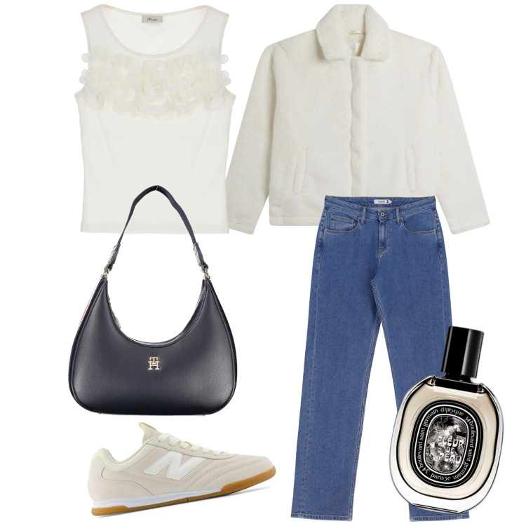 Outfit donna - Total look. Stile Basic per Tutti i giorni. Abbinamento con profumi, sneakers, jeans dritti, canottiere, blazer, borse a spalla.