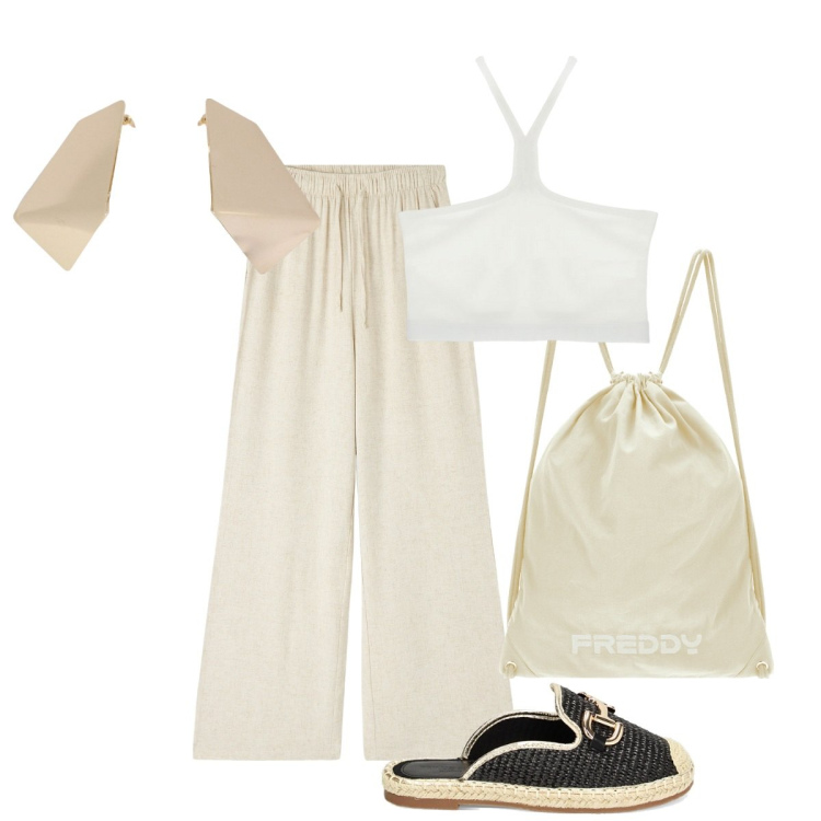 Outfit donna - Bantoa summer outfit. Stile Minimal per Tutti i giorni. Abbinamento con pantaloni, top, zaini, sabot, orecchini.