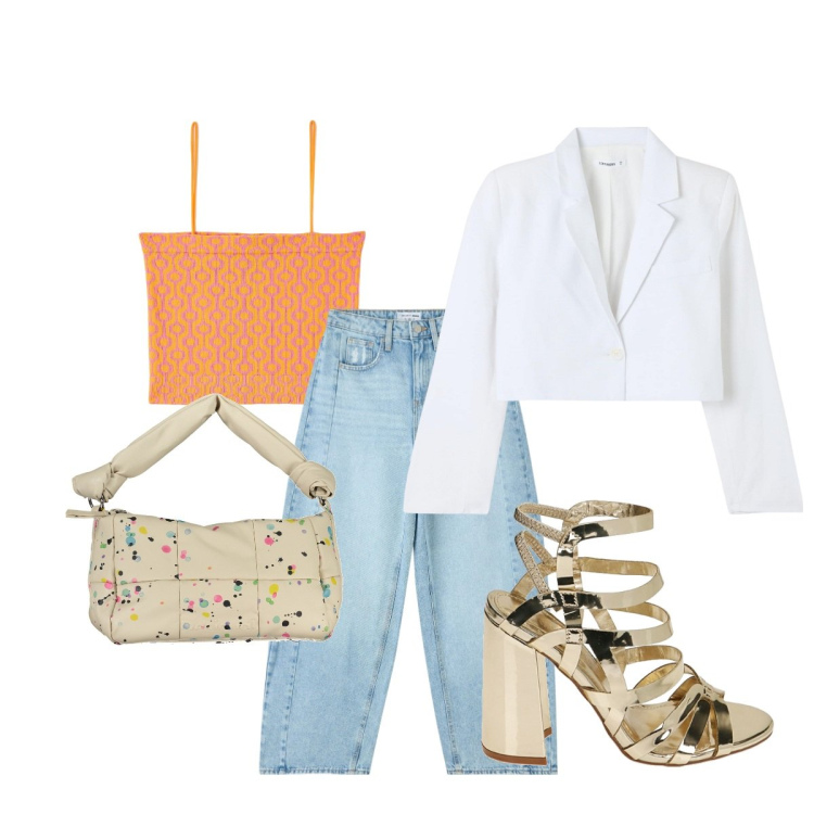 Outfit donna - Estate = colore, leggerezza, confort. Stile Glamour per Serata fuori. Abbinamento con jeans, blazer, top, sandali col tacco, collane.