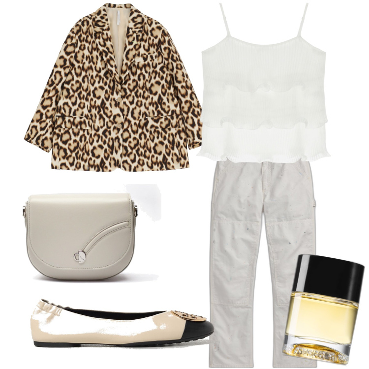 Outfit donna - Che chic l animalier. Stile Chic per Tutti i giorni. Abbinamento con profumi, blazer, pantaloni, top, borse a tracolla, ballerine.