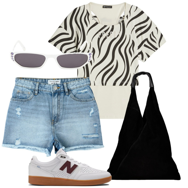 Outfit donna - Dinamica in shorts. Stile Urban per Tutti i giorni. Abbinamento con shorts, sneakers, canottiere, borse a spalla, occhiali da sole.