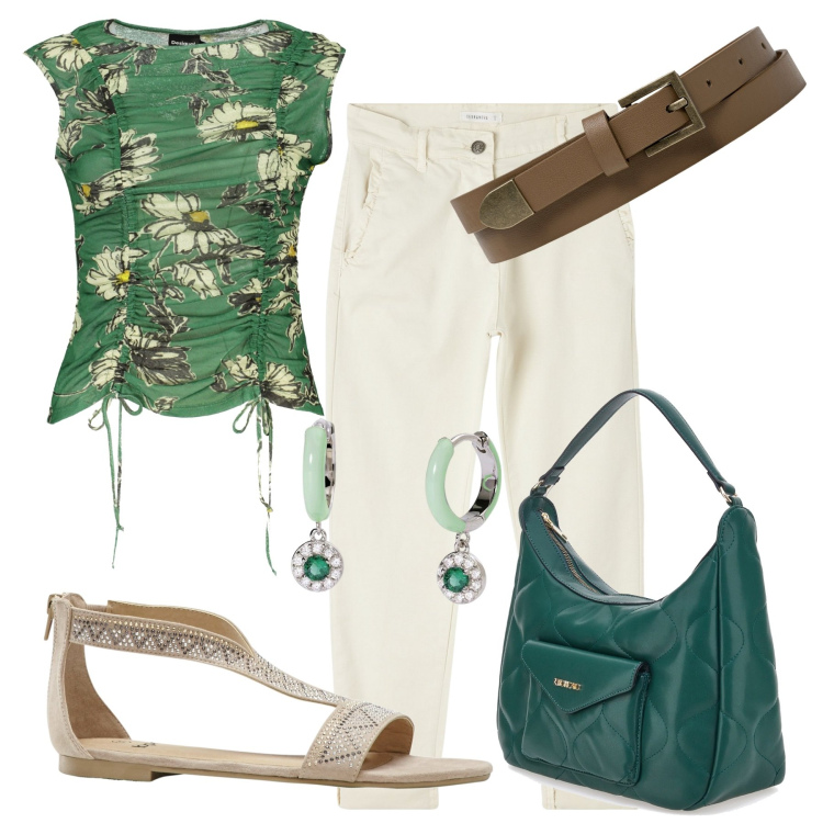 Outfit donna - Fiori estivi. Stile Basic per Mare. Abbinamento con sandali, pantaloni chino, orecchini, cinture, canottiere, borse a spalla.