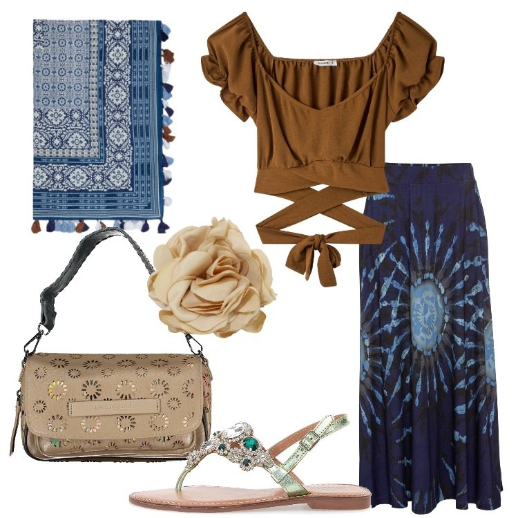 Outfit donna - Pittarello Sandali gioiello. Stile Boho per Tutti i giorni. Abbinamento con gonne, bluse, braccialetti, sandali gioiello, foulard, borse a spalla.