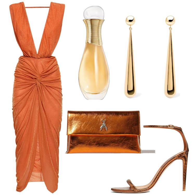Outfit donna - Serata speciale. Stile Sexy per Serata fuori. Abbinamento con profumi, sandali col tacco, vestiti midi/longuette, clutch, orecchini.