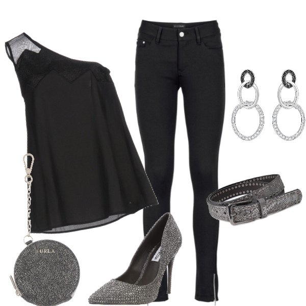 Outfit donna - Cattura gli sguardi. Stile Sexy per Serata fuori. Abbinamento con pantaloni, top, portamonete effetto laminato con zip in pelle tinta unita, scarpe col tacco con tacco grigio, cintura grigio, orecchini a pendolo.
