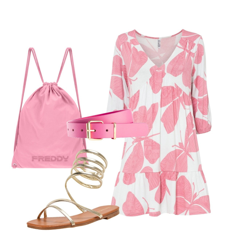 Outfit donna - Romantica in rosa. Stile Romantica per Tutti i giorni. Abbinamento con cinture, vestiti, sandali, zaini.