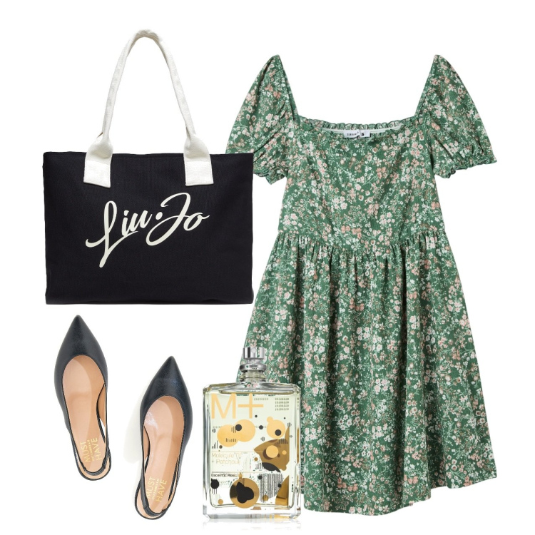 Outfit donna - Fiori. Stile Romantica per Tutti i giorni. Abbinamento con profumi, vestiti corti, ballerine, shopping bag.