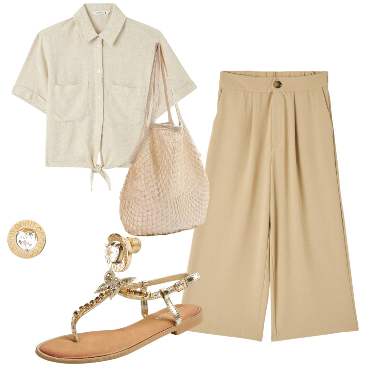 Outfit donna - Total look #1886918. Stile Casual chic per Tutti i giorni. Abbinamento con pantaloni a palazzo, sandali gioiello, camicie a manica corta, borse a spalla, orecchini.