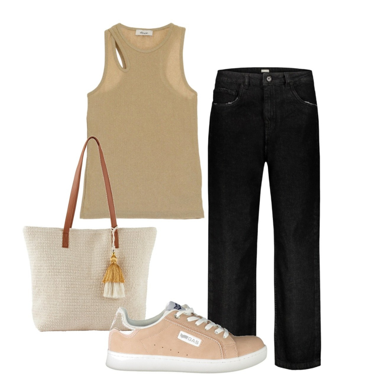 Outfit donna - Basic. Stile Basic per Tutti i giorni. Abbinamento con shopping bag, top, jeans, sneakers.