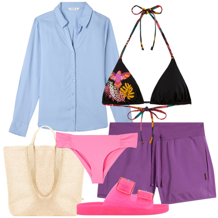 Outfit donna - Mare. Stile Casual per Mare. Abbinamento con camicie, bikini, borse tote, shorts, bikini, sandali.