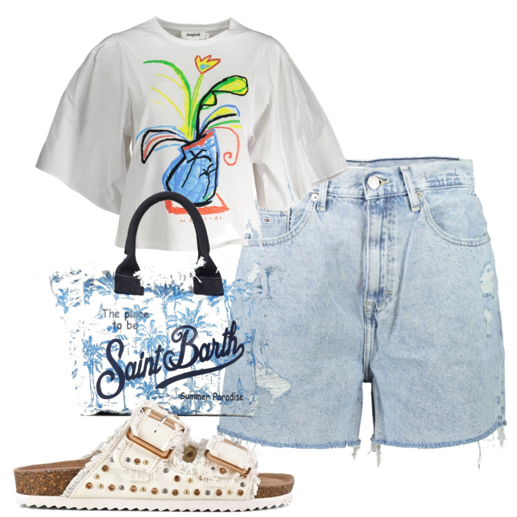 Outfit donna - City. Stile Casual per Tutti i giorni. Abbinamento con sandali, borse tote, t-shirt, jeans mom.