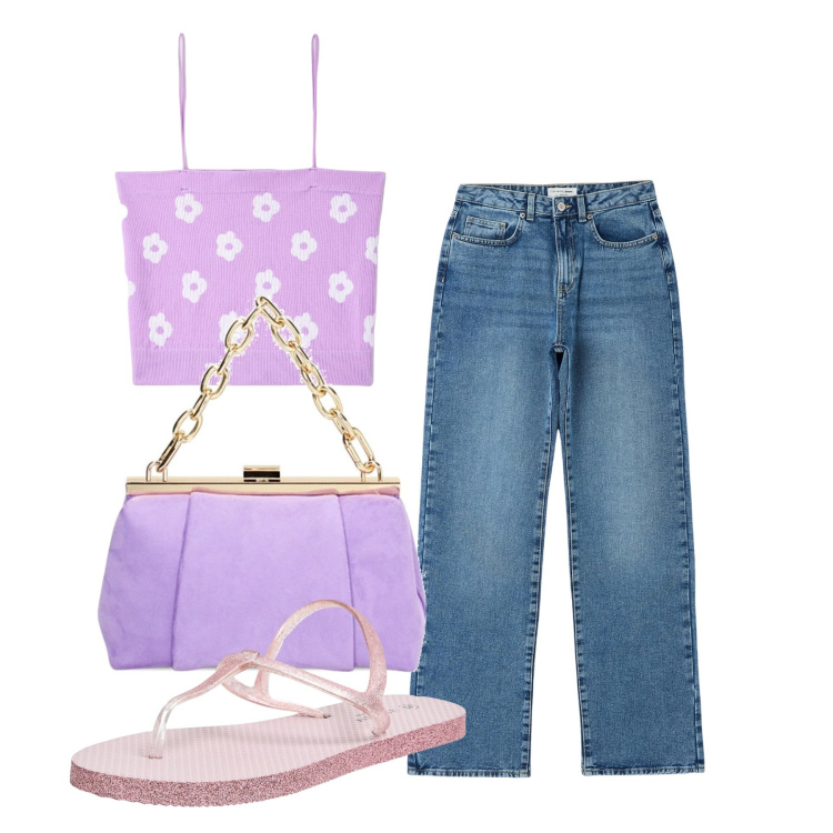 Outfit donna - Mattina. Stile Casual chic per Tutti i giorni. Abbinamento con sandali, top, jeans dritti, borse a spalla.