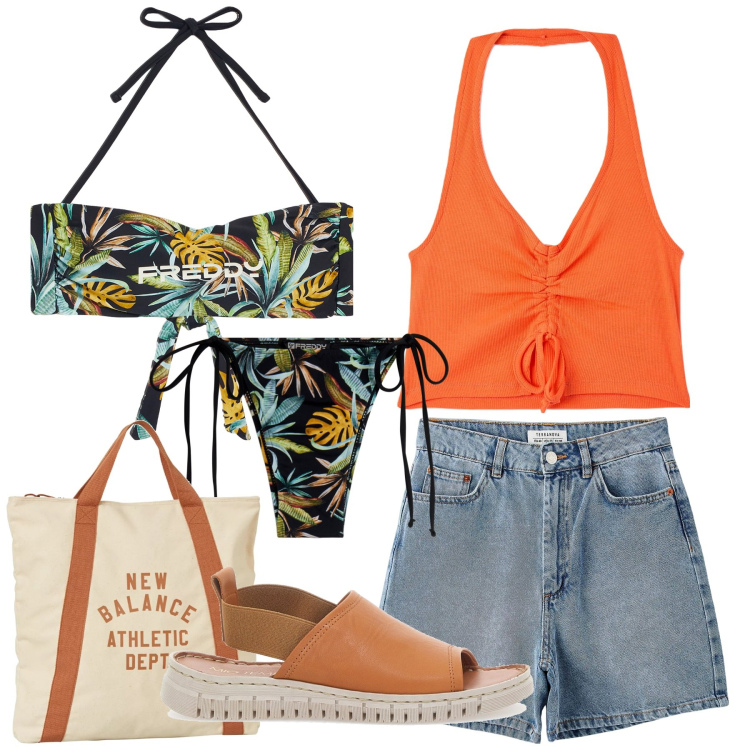 Outfit donna - Mare. Stile Casual chic per Mare. Abbinamento con bermuda, top, borse a mano, bikini, bikini, sandali in pelle.
