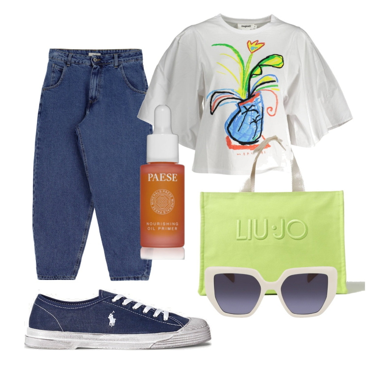 Outfit donna - Total look #1886979. Stile Urban per Tutti i giorni. Abbinamento con primer, jeans, sneakers, t-shirt, borse tote, occhiali da sole.